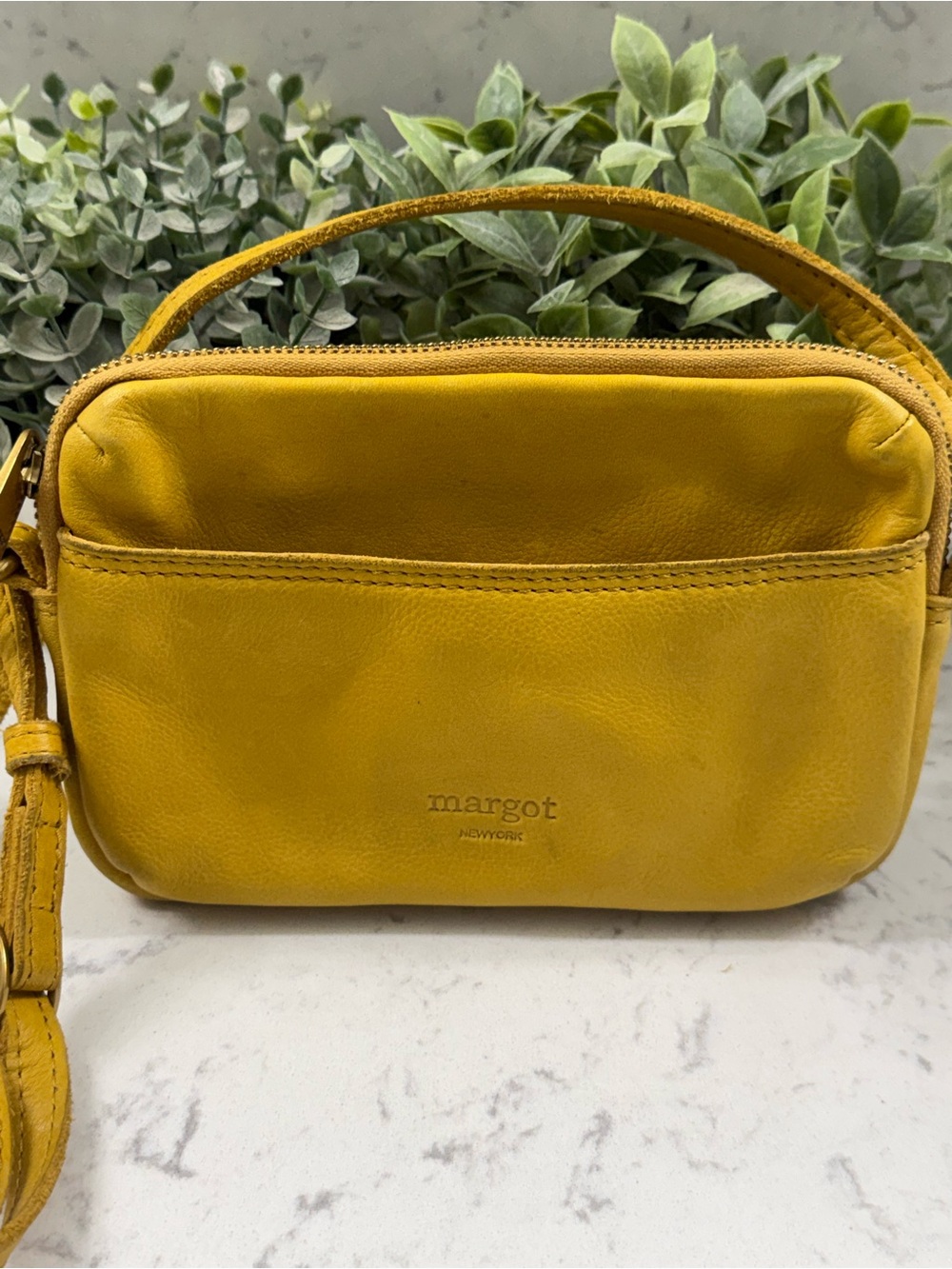Margot New York Yellow Leather Crossbody Bag Adjustable Straps Minimalist Chic